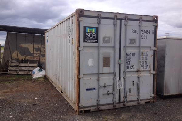 Grey 20 ft shipping container in Dunedin depot