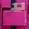 Pink shipping container lock for enhanced security.