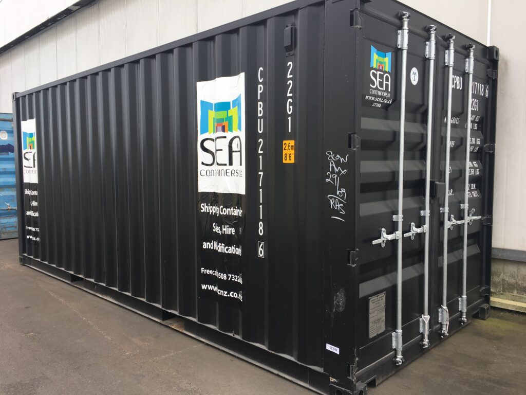 Black A-grade 20ft shipping container for secure storage.