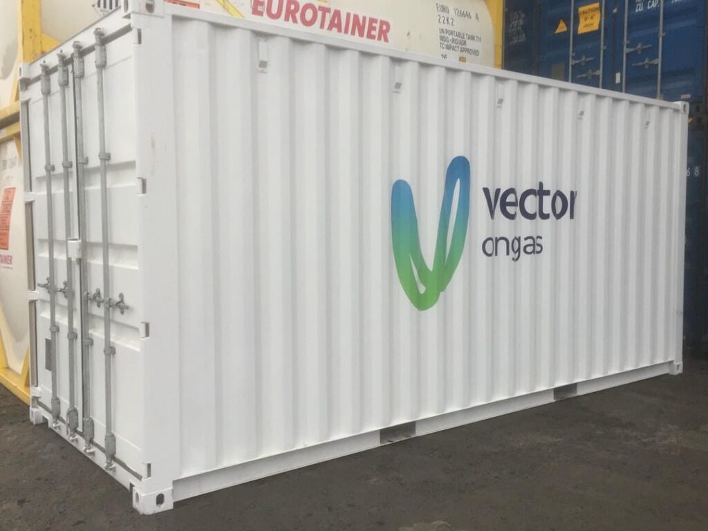 20ft white shipping container branded with Vector ongas