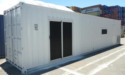 White 40ft shipping container site office with windows.