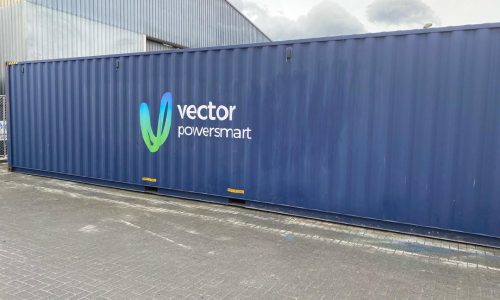 40ft high cube blue shipping container branded with Vector powersmart